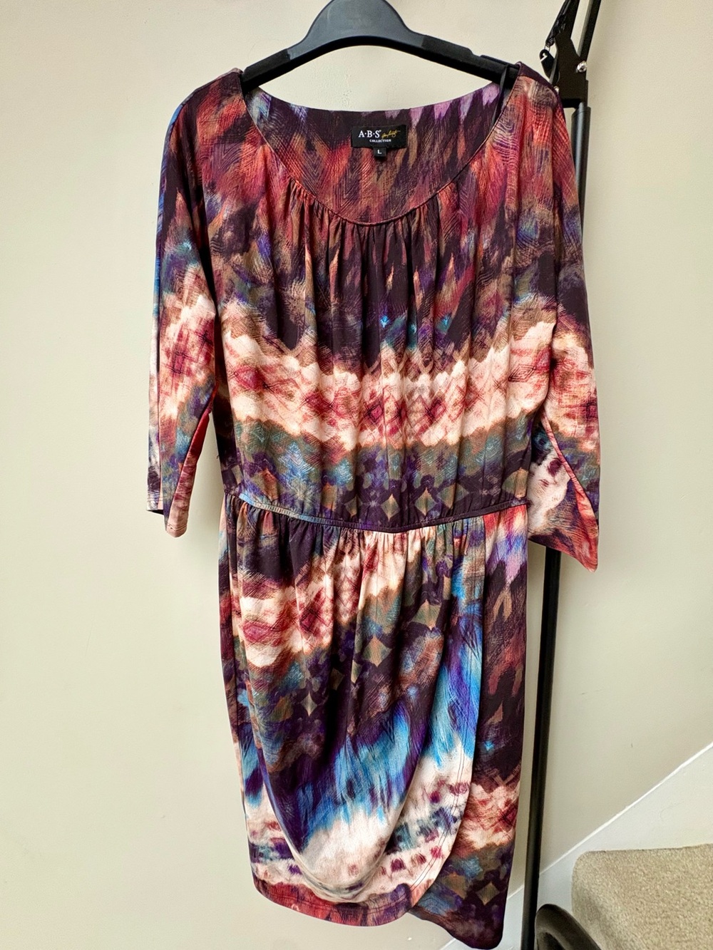 ABS Allen Schwartz Multicolor Scoop-Neck Midi Dress in Burgundy, Blue, Cream